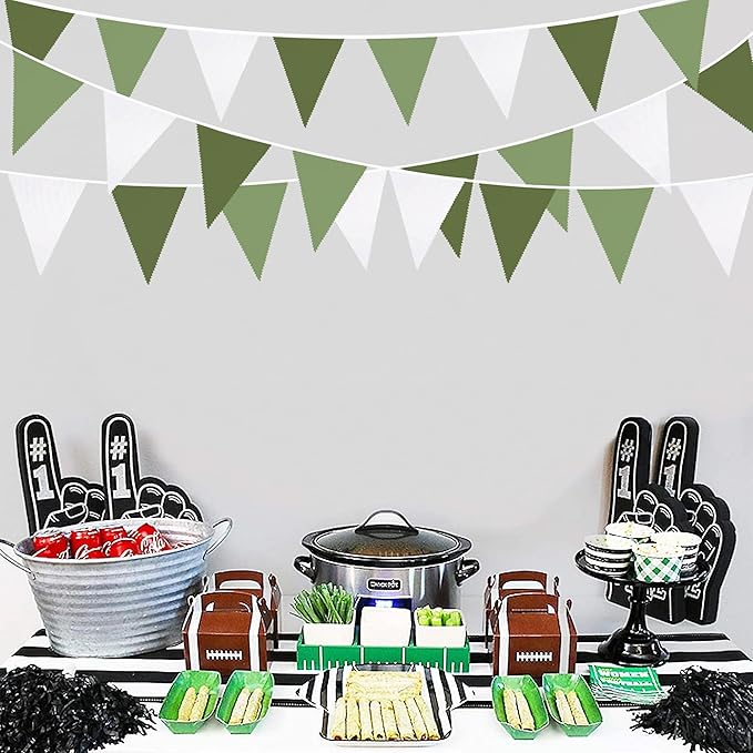 32Ft Olive Green Party Decorations Sage Green Triangle Flag Fabric Banner Pennant Garland Streamers for Birthday Wedding Woodland Baby Shower Jungle Safari Summer Golf Outdoor Party Decor