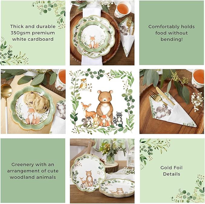 Kate Aspen Woodland Baby Shower Decorations - 78-Piece Baby Shower Plates and Napkins Set with Cups for 16 Guests - Gender Reveal Decorations Forest Animal Theme Party Supplies and Table Decor