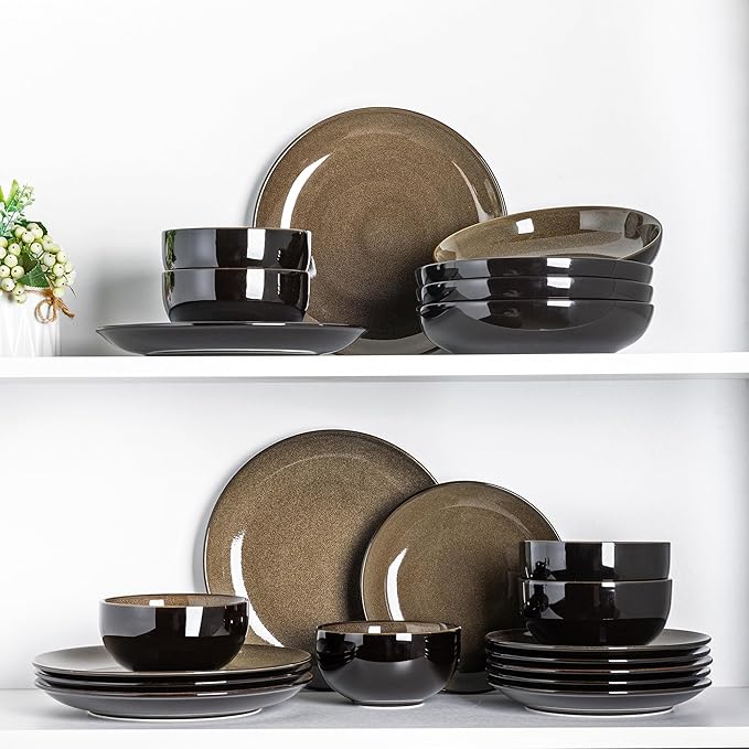 LERATIO Ceramic Dinnerware Sets for 8,Stoneware Plates and Bowls Sets,Handmade Reactive Glaze Dishes Set,Chip Resistant and Scratch Resistant | Oven&Dishwasher & Microwave Safe-Chestnut(24PCS)