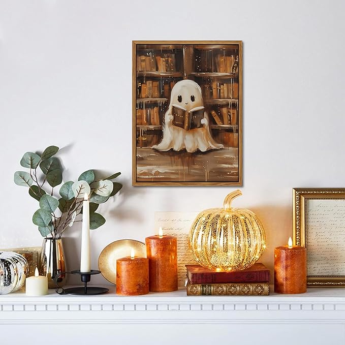 Vintage Framed Ghost Reading Books Canvas Wall Art for Home Office - Halloween Academia Cute Ghost Picture Paintings Prints, Halloween Room Aesthetic Decor for Living Room Bedroom 16x24 inch