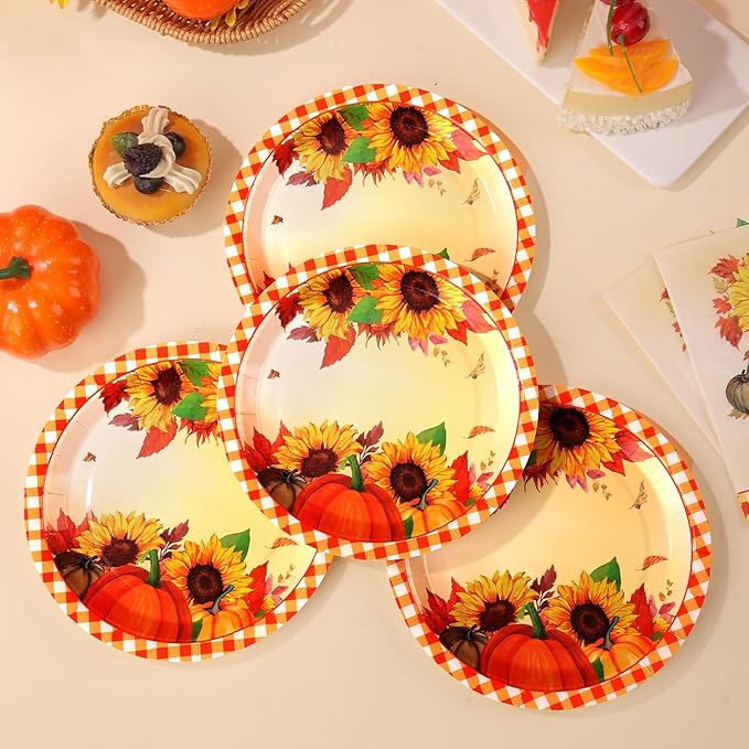 Sunflower Plates and Napkins Set for 50 Guests – Disposable Fall Party Supplies, Pumpkin Design for Sunflower Thanksgiving Party Decoration