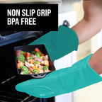 BPA-Free Soft Silicone Oven Mitts - Ultra Heat Resistant Oven Mitts with Thick Cotton Liner - Long Slip Resistant Pot Holders, Flexible Oven Gloves - Turquoise 13.7"
