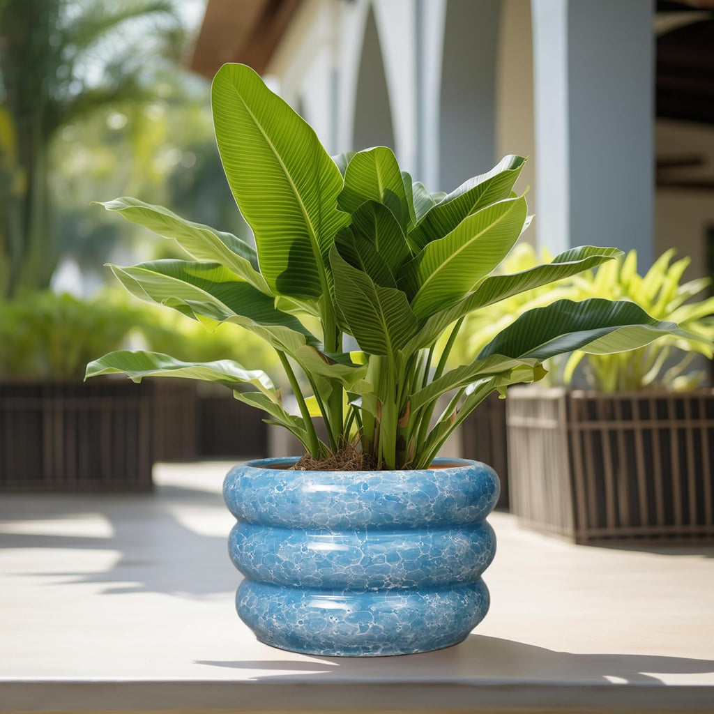 SQOWL Ceramic Plant Pot Indoor with Drainage Hole 13.5 Inch - Large Outdoor Planter Ceramic Flower Pot Modern Round Planter Decorative Plant Pot for Outdoor Porch Decor Blue