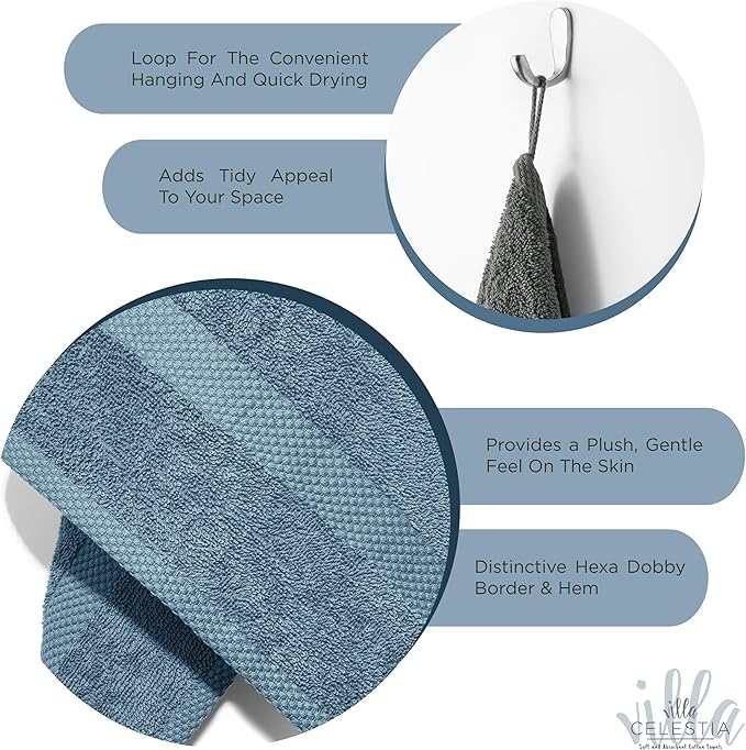 100% Cotton Bath Towel Set of 12-4 Bath Towels, 4 Hand Towels, 4 Wash Cloths, Sustainable, Soft, Highly Absorbent, Combed Cotton 12 Piece Set for Hotels, Spa, Bathroom, Dorm, Blue