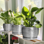SQOWL Ceramic Pot for Plants - 10 Inch Planter Indoor, Round Large Planter Outdoor with Drainage Hole and Plant Saucer, Decorative Ceramic Flower Pot, Kitchen Decor, Housewarming Gifts, Silver