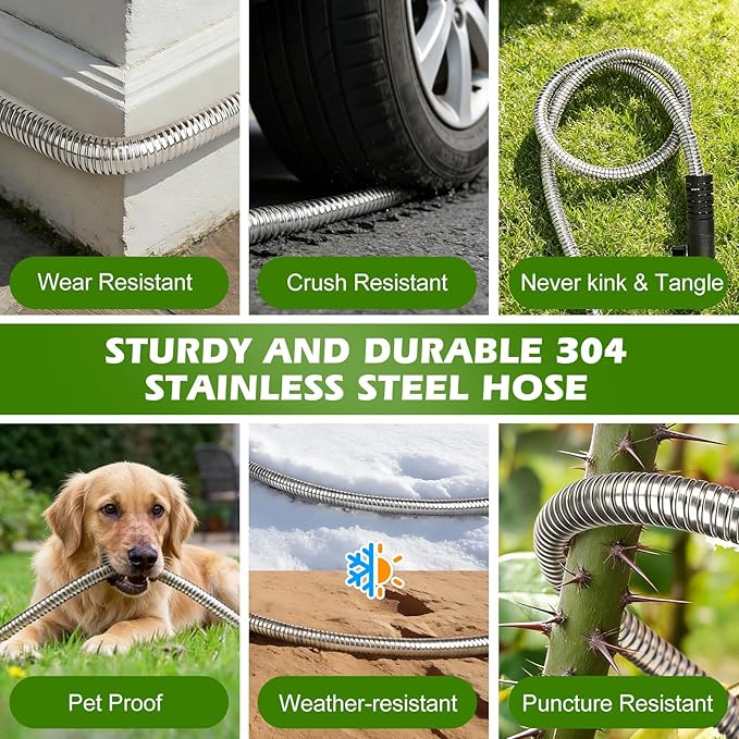 Metal Garden Hose 100 ft Stainless Steel Heavy Duty Water Hose with 10 Function Nozzles Flexible Lightweight Kink-Free Leakproof Sturdy Hoses Pipe 3/4" Brass Fitting for Outdoor Yard Lawn RV