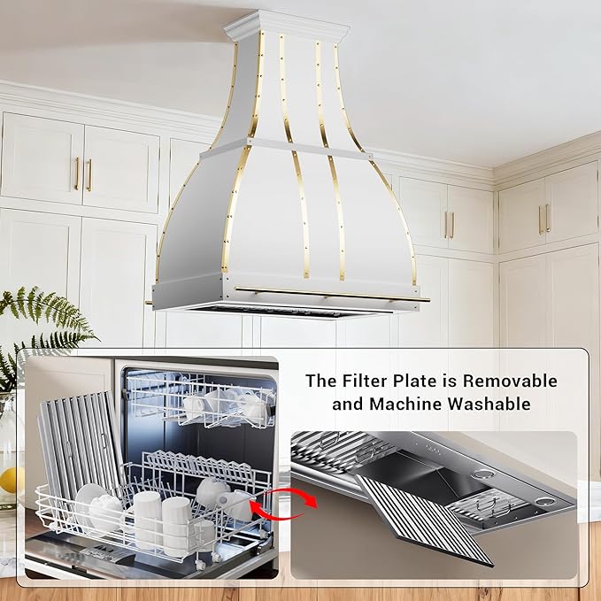 CHETTO C Stainless Steel Range Hood Cover with 4-Speed Vent Hood Insert Custom Handcrafted Metal Kitchen Fan with Towel Rack LED Light 30"W x27"D x33"H White Island Mount