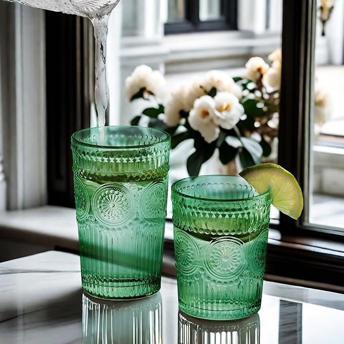 12pcs Vintage Drinking Glasses Set, 12 oz Highball Glasses & 9 oz Embossed Ribbed Glassware Cups for Cocktail, Water, Juice, Coffee, Whiskey (Atroviens)