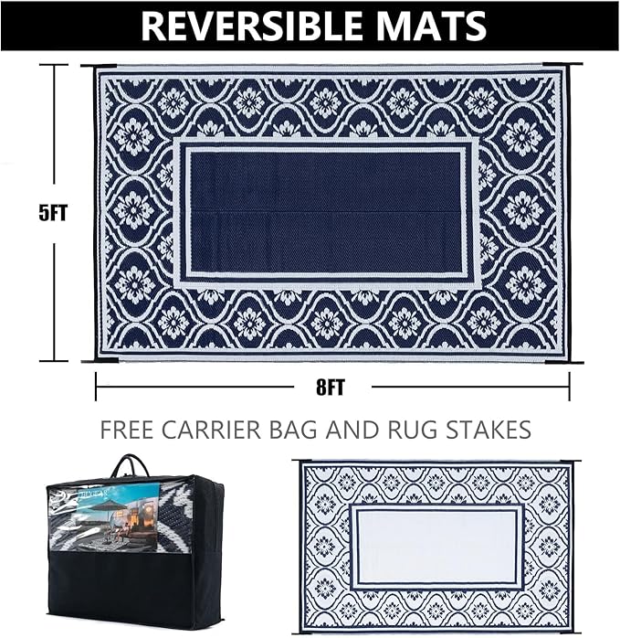 Outdoor Patio Rug 5'x8' Waterproof Outside Area Rugs Blue Reversible Plastic Straw Carpet for RV Deck Camping Entryance Porch Picnic Balcony Beach