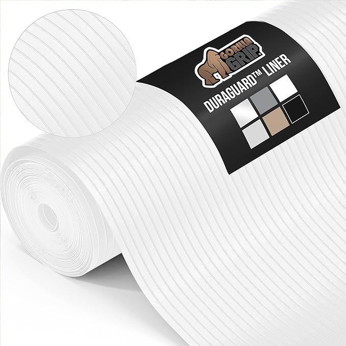 GORILLA GRIP DuraGuard Shelf Liner, 20x30 Non-Adhesive Cabinet Liners for Kitchen Drawers, Shelves, Refrigerator, Pantry Storage, Bathroom Closet, Durable Waterproof BPA Free Ribbed Plastic, White