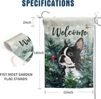Welcome Winter Garden Flags Boston Terrier Garden Flag Cardinal Birds on Snowy Pine Tree Flag Dog Yard Flags for Outside 12x18 Double Sided Christmas Decorative Lawn Flags
