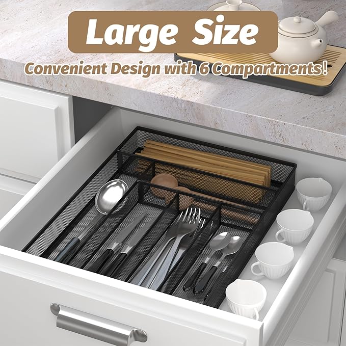 Silverware Organizer Metal Mesh, Large Drawer Organizer, Utensil Cutlery Tray for kitchen drawers, Flatware Organizer with 6 Compartment, Black (11.3”*16“)