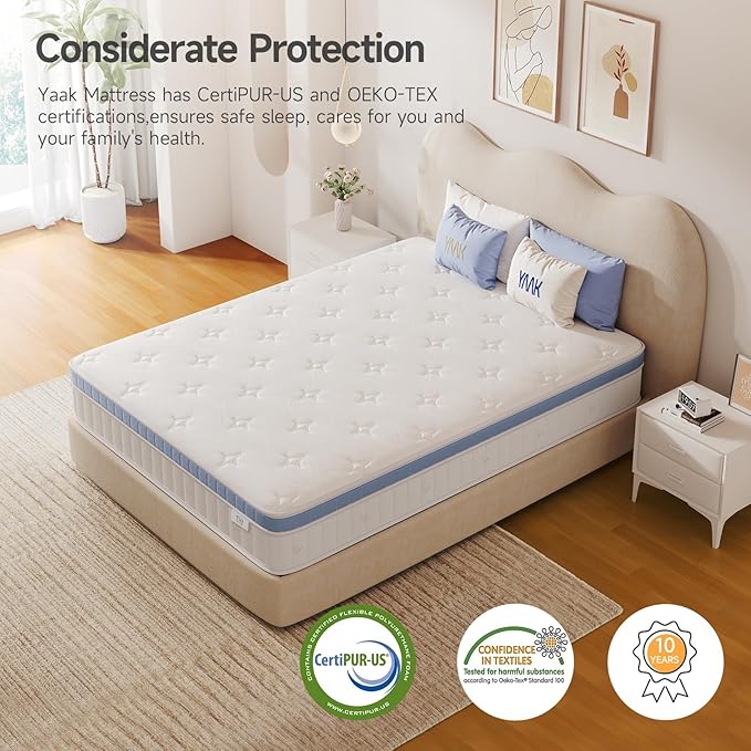 Yaak Twin Mattress 12 Inch, Hybrid Mattress in a Box Twin Size, Individual Pocket Spring Single Bed with Breathable Memory Foam, Pressure Relief, Medium Firm for Teenages and Kids