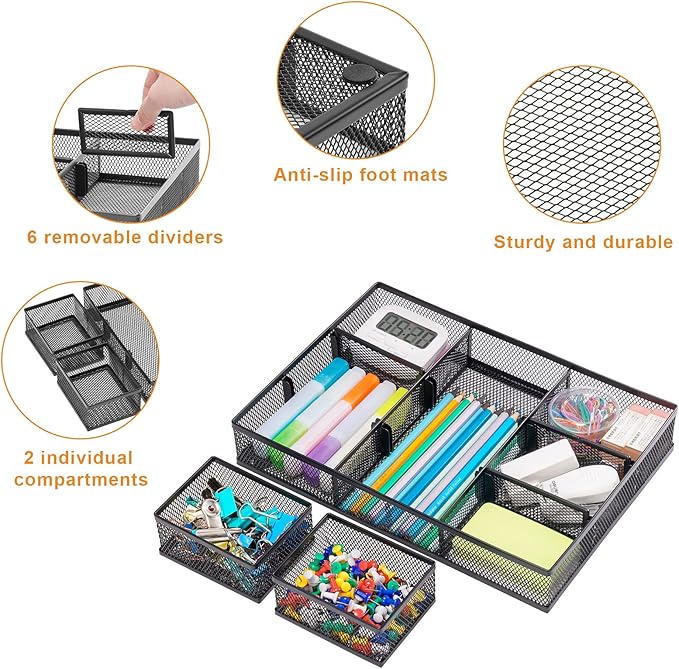Marbrasse 3 Packs Desk Drawer Organizers, Metal Mesh Dividers Desk Drawer Organizer Tray with 9 Adjustable Compartments, Pen Organizer for Drawer Tray Box Accessories for Desktop,Kitchen, Makeup