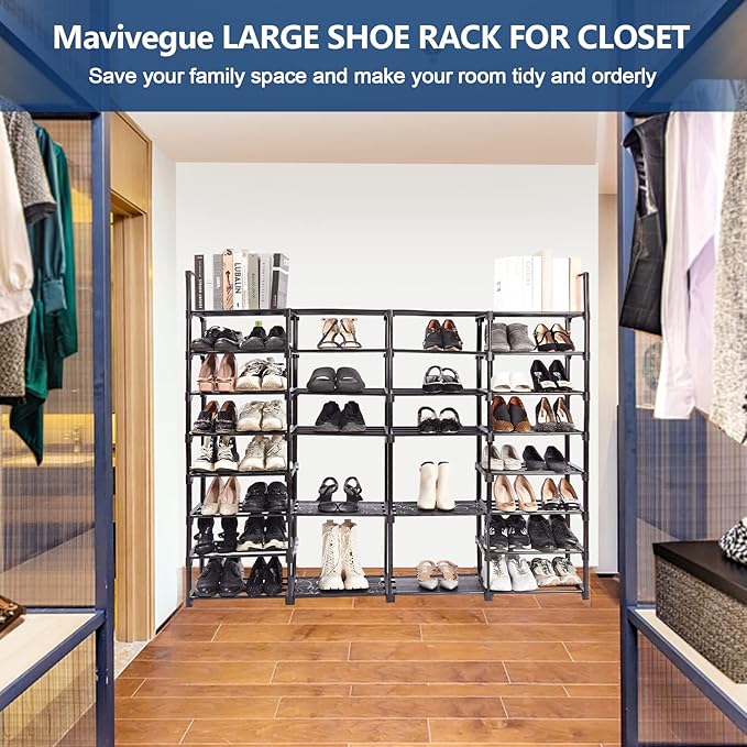 Mavivegue Extra Large Shoe Rack, 8 Tier 4 Rows 72-76 Pairs Big Tall Metal Shoe Shelf,Big Boot Rack Storage Organizer for Garage,Show Rack Shoe Holder Stand,Closet Rack Organizers and Storage
