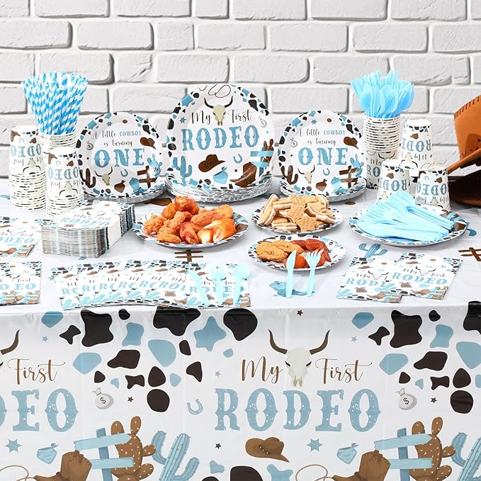 452 Pcs First Rodeo Decorations Boy, Blue Western Cowboy Paper Plates Napkins Cups Tablecloth Cutlery Straws for My 1st Rodeo Birthday Party Baby Shower Decorations Supplies for 50 Guests