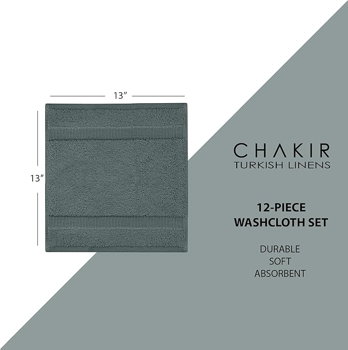 Chakir Turkish Linens Premium Cotton Absorbent Turkish Towels (Washcloths - 12 Piece, Dark Gray)