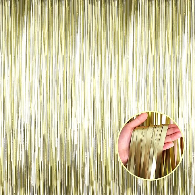 4 Pack Light Gold Foil Fringe Curtain Backdrop, 3.28Ft x 8.2Ft Metallic Tinsel Foil Fringe Streamer Curtains for Party, Photo Booth Props, Birthday, 2022 Graduation Party Supplies