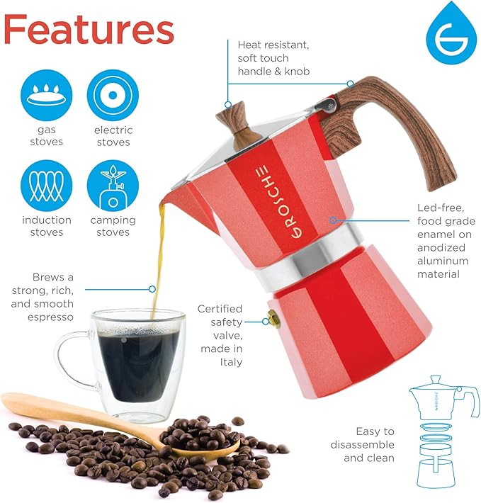 GROSCHE Milano 6 Espresso Cup, 9.3 oz Red Stovetop Espresso Maker - Italian Moka Pot