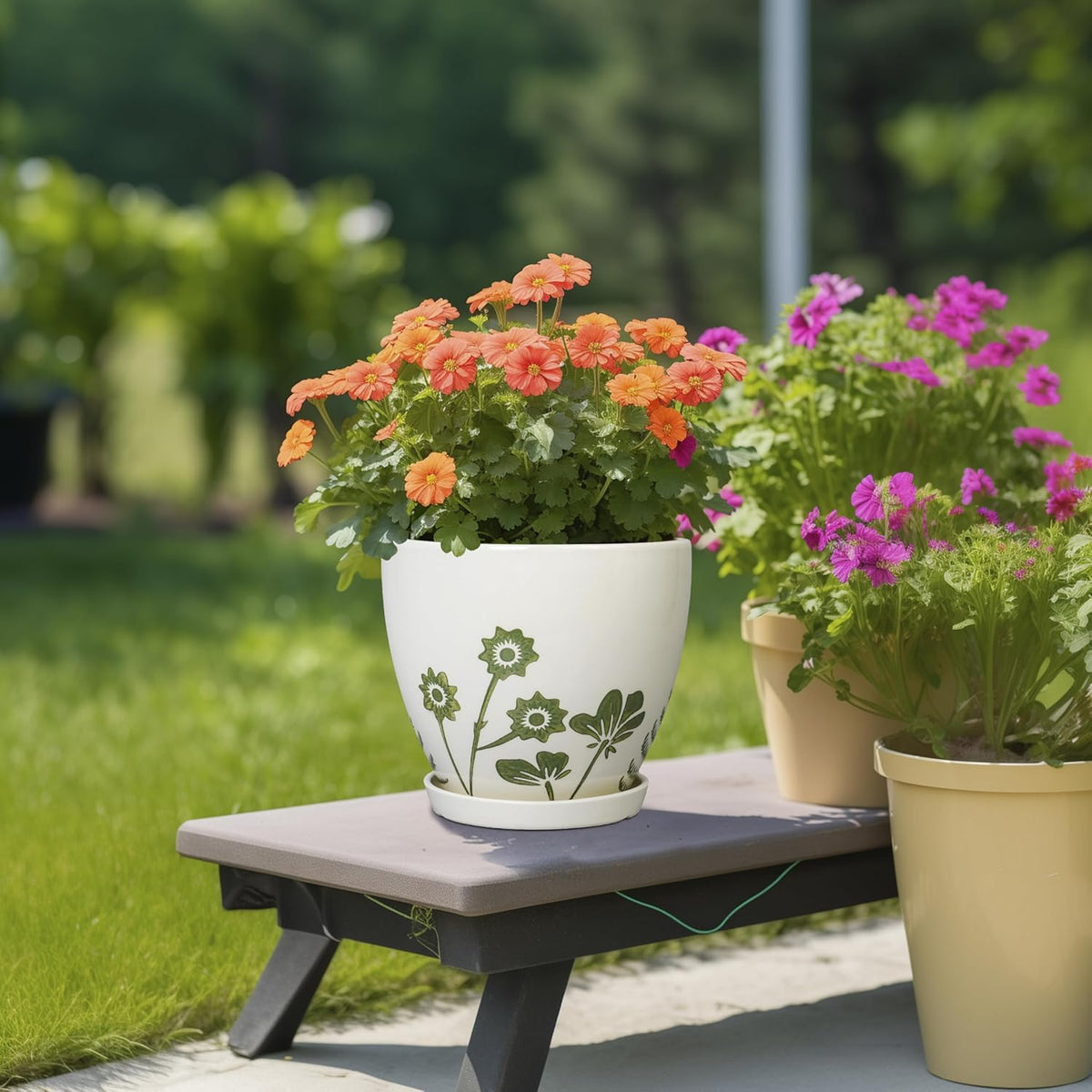 8.2 Inch Plant Pot - Ceramic Planter for Indoor Outdoor Flowers, Boho Round Decorative Indoor Flower Pot with Drainage Hole and Saucer, Gifts for Plant Lovers, Office Garden House Decor, White