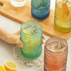 Vintage Glassware Set - 4pcs Multicolor 15.2oz Hobnail Drinking Glasses for Beer, Cocktail, Soda & Juice - Embossed Old Fashioned Glassware with Four Unique Colors