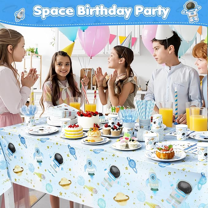 452 Pcs Space Themed Party Decorations for 50, Blue Space Astronaut Paper Plates Napkins Cups Tablecloth Cutlery Straws for First Trip Around The Sun Planet Birthday Baby Shower Party Supply