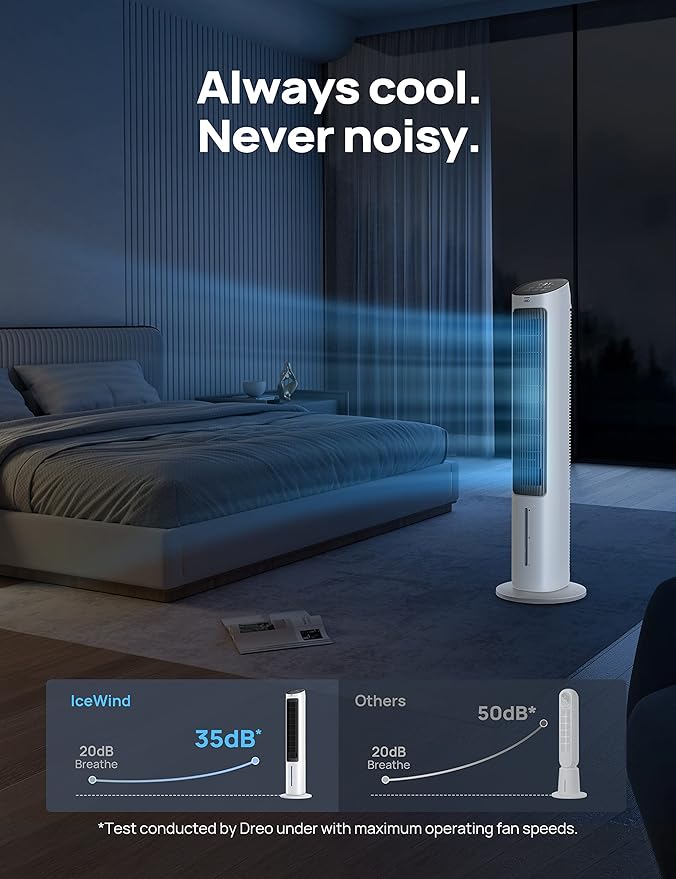 Dreo Tower Fan for Bedroom, 40" Evaporative Air Cooler, Cooling Fans That Blow Cold Air with 80° Oscillating, Removable Water Tank, 3 Modes 4-Speed, Remote Control, Quiet Floor Fan, White and Black