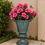 Magshion 20" Urn Planters for Outdoor Plants, Large Decorative Front Porch Planters Set of 2, Weatherproof Tall Plastic Flower Pots for Garden, Patio & Entryway Décor, Antique Green