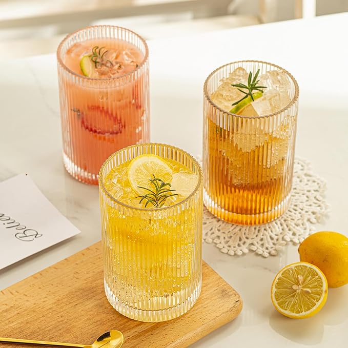 Vintage Ribbed Glassware Set: 6pcs 16.9oz XL Drinking Glasses, Fluted Ripple Drinkware, Origami Style, Elegant Glassware for Whiskey, Cocktail, Iced Coffee, Juice, Beer, Soda