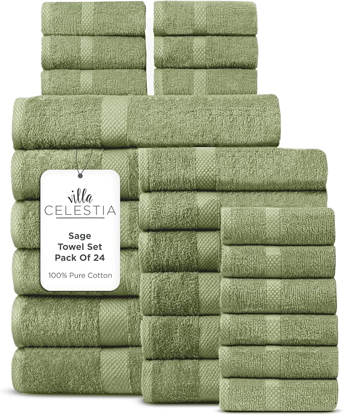 100% Cotton Bath Towel Set of 24-6 Bath Towels, 6 Hand Towels, 12 Wash Cloths, Sustainable, Soft, Highly Absorbent, Combed Cotton 24 Piece Set for Hotels, Spa, Bathroom, Dorm, Sage