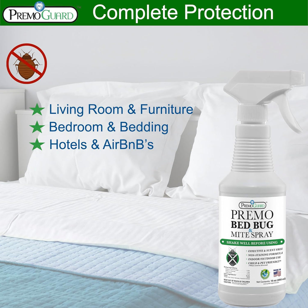 Premo Guard Bed Bug Killer Spray 16 oz - University Tested 100% Kill Rate - Natural Non Toxic, Stain & Scent Free - Kill Bedbugs & Mites On Bed & Blankets, Furniture, Clothing - Child & Pet Safe
