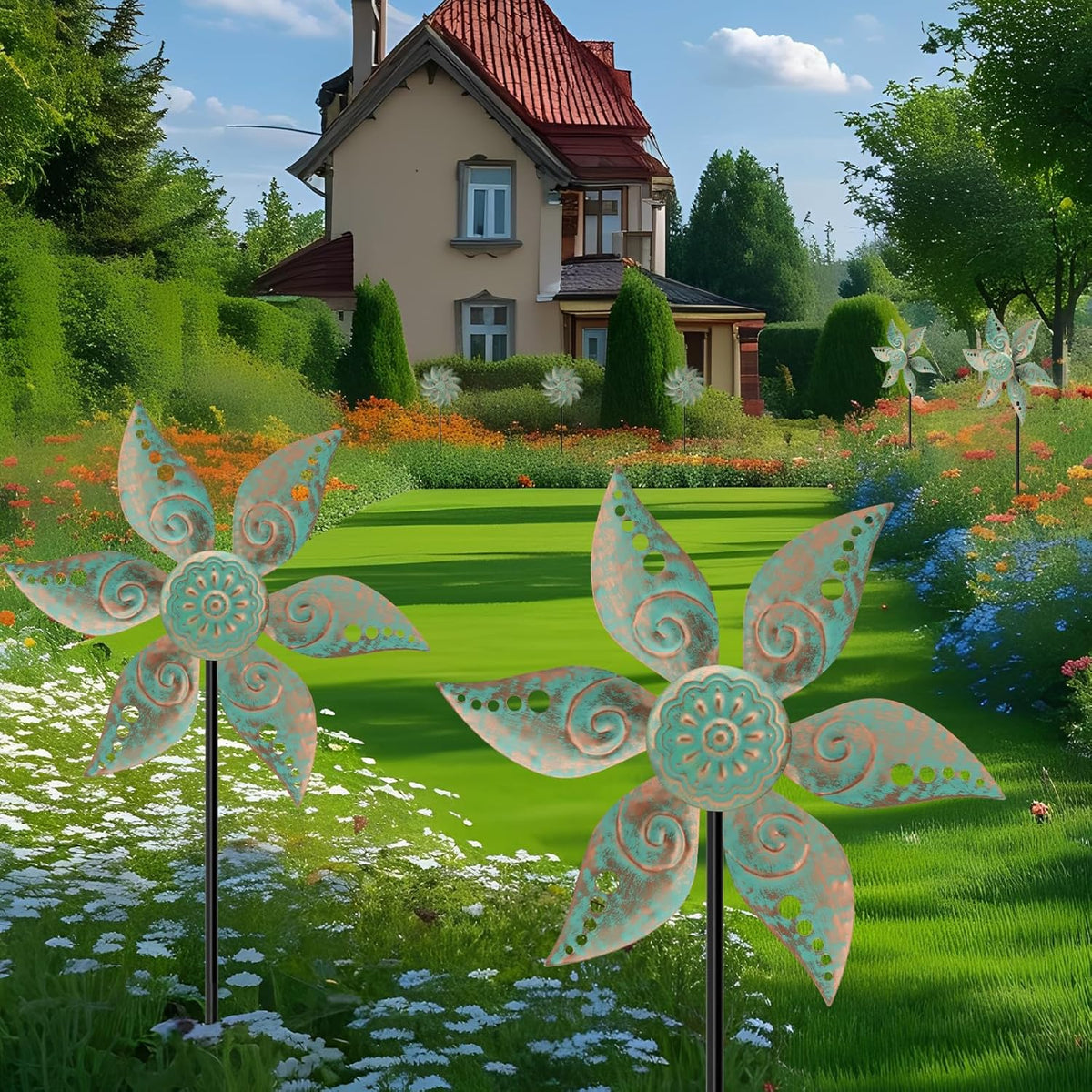 2 Pack Wind Spinners Outdoor Clearance Metal Vintage Green,Wind Sculpture Small Iron Windmill is Decorative Garden Stakes for Patio Lawn Outdoor Yard Lawn Garden Decor