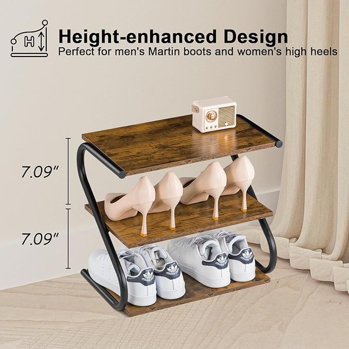 Small 3-Tier Shoe Rack, Z-Frame Wooden Shoe Shelf with Durable Metal Shelves for Hallway, Living Room, Closet, Bedroom (17.2”)