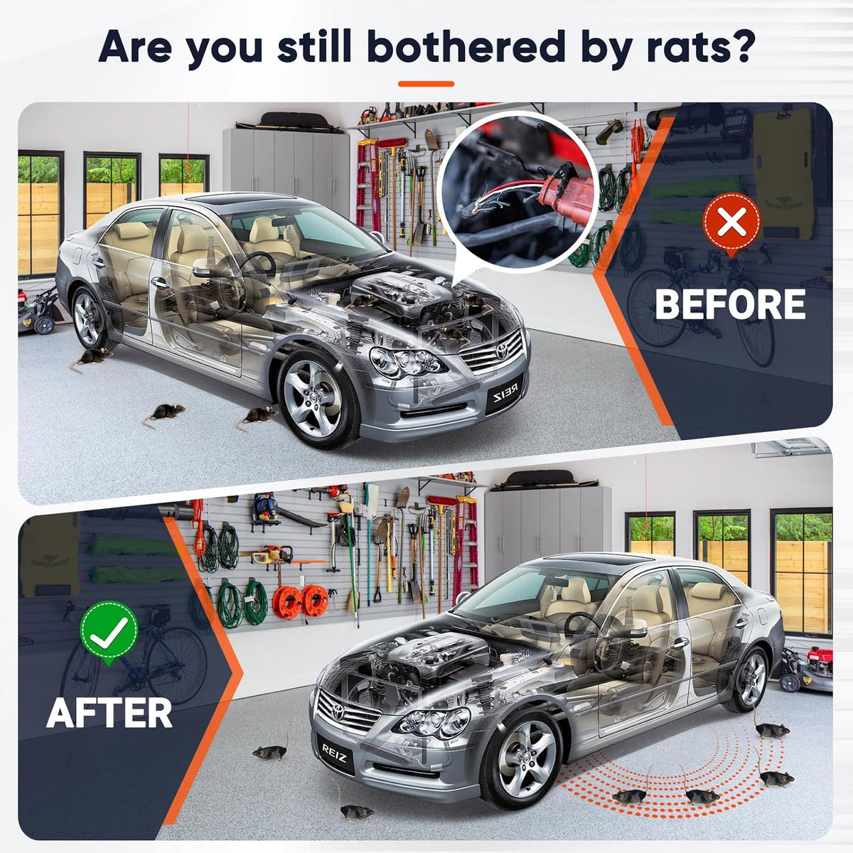 Ultrasonic Rodent Repellent for Car Engine, 2 Pack Mouse Repellent – Battery Powered Under Hood Mouse Repeller with Upgraded Flashing Strobe Light, Keep Mice Out of Car, RV, Garage, Room