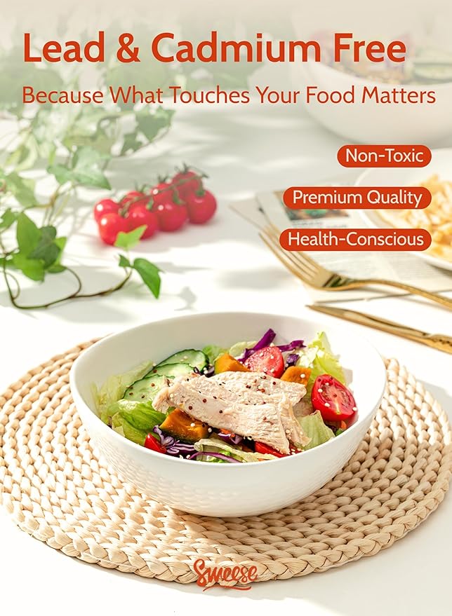Sweese 7 Inch Porcelain 28 oz Bowls Set of 6, for Soup | Cereal | Pasta | Salad | Ramen | - Microwave, Dishwasher, and Oven Safe - White