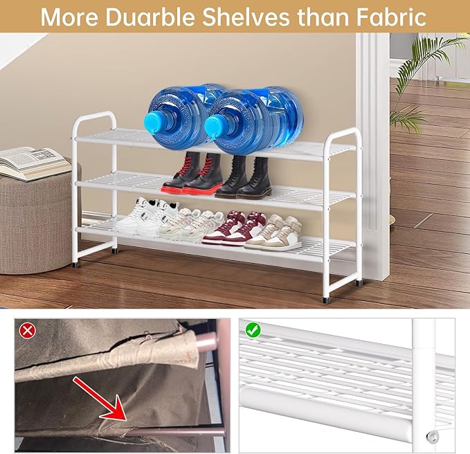 KEETDY 3-Tier Long Shoe Rack for Closet Metal Shoe Organizer for Entryway, Wide Stackable Shoe Storage Shelf with Sturdy Wire Grid for Closet Floor, Bedroom, White