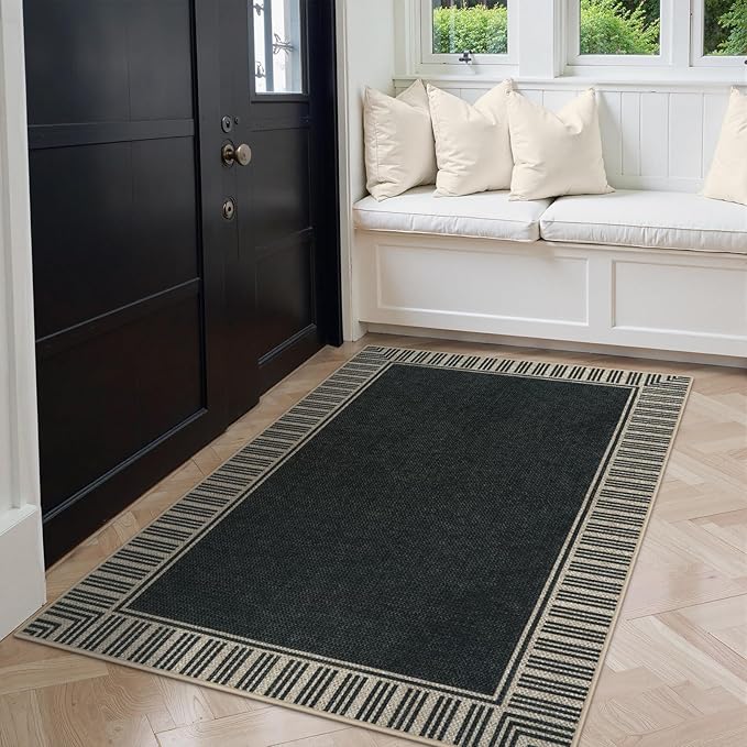 OJIA Easy Jute 3x5 Outdoor Rug Front Door Mats Washable Rugs for Entryway, Striped Border Black Rug Non-Slip Indoor Doormat Outdoor Porch Rug Farmhouse Area Rug for Outside Patio Living Room