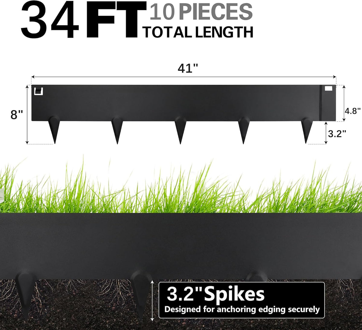 Worth Garden 10-Pack (34Ft Total) Galvanized Steel Landscape Lawn Edging - 8 in. H Bendable Metal Strips - Hammer-in 18-Gauge Flexible Black Edging Border - Yard Pathway Divider - Buckle Connection