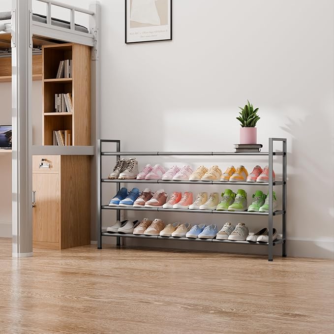 Bumusty 4-Tier Long Expandable Shoe Rack for Closet, 18"-44" Adjustable Shoe Rack for Small Space, Small Shoe Organizer for Front Door, Sturdy Metal, Grey