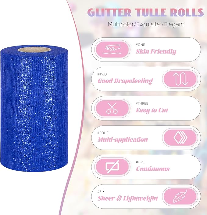 Glitter Tulle Rolls 6” by 50 Yards Sparkle Tulles Fabric Ribbon Sequin Tulle Netting Rolls for DIY Tutu Skirt Wedding Birthday Party Decoration (Royal Blue)