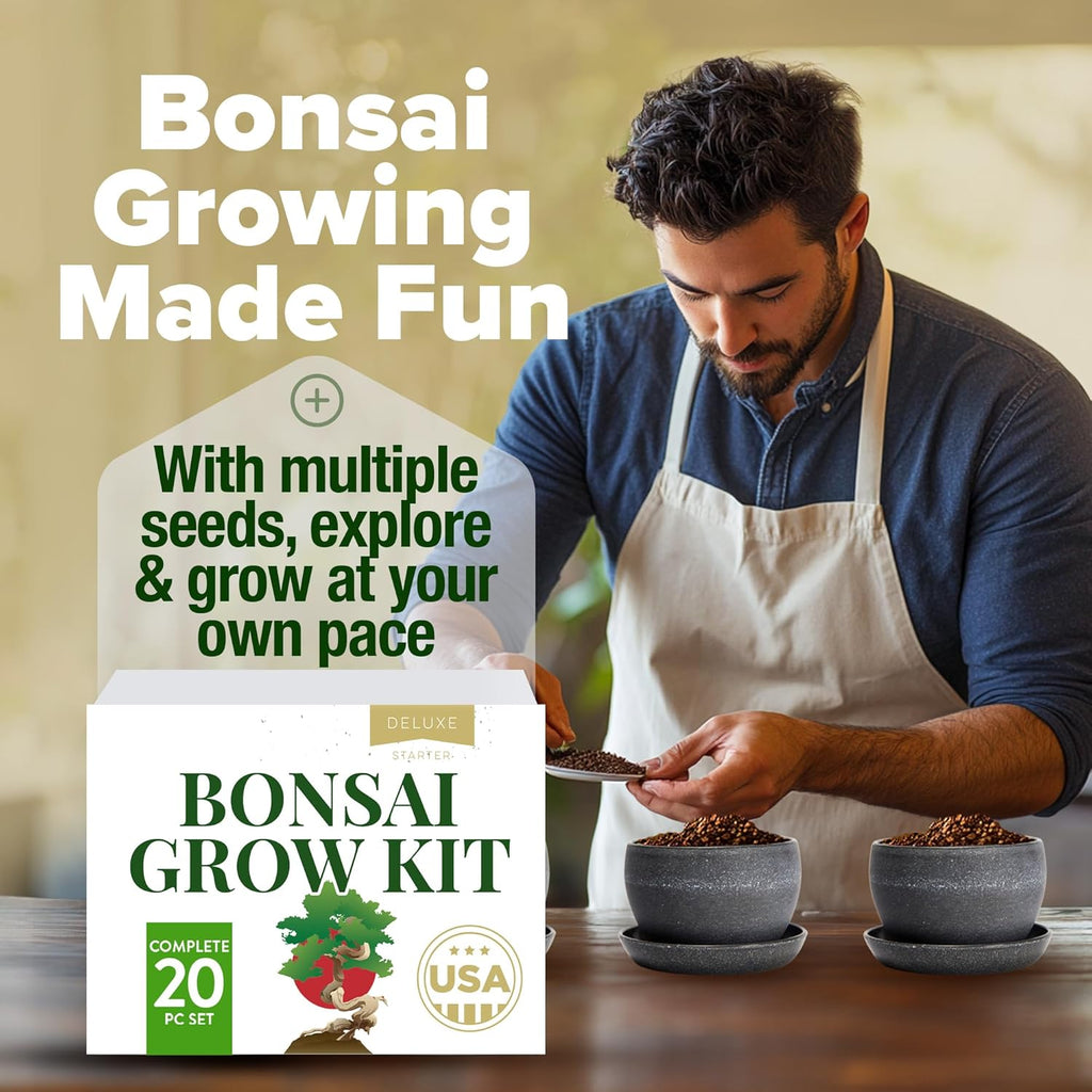 HOME GROWN Bonsai Tree Kit – Grow 4 Bonsai Types Indoors with Complete Starter Kit Including Pots Peat Pellets and Bonus Grow Guide – Unique Gardening Gift for Men Women Beginners
