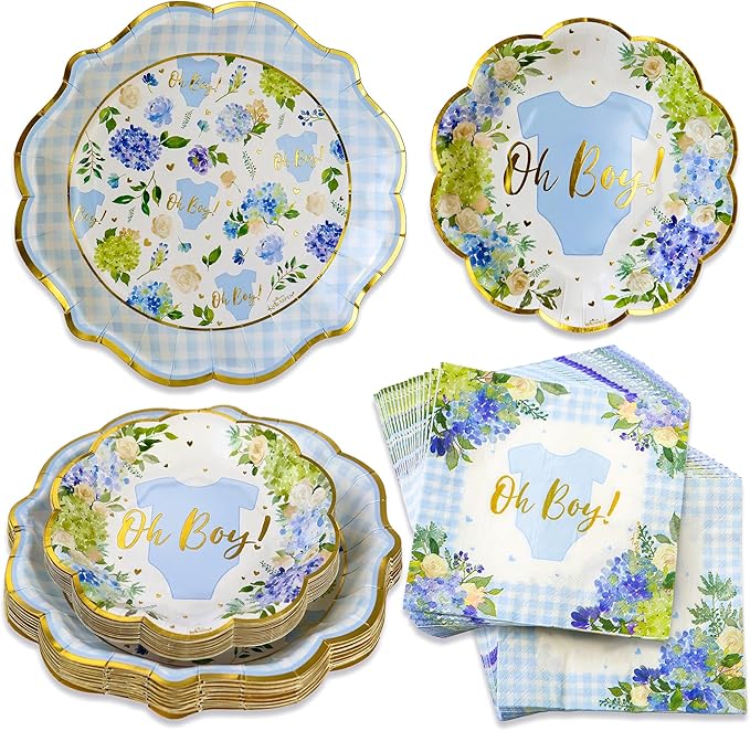Kate Aspen Baby Shower Onesie Blue Floral & Gingham Tableware Set - 62pc. 16pcs 7 inch & 16pcs 9 inch Heavy Duty Disposable Party Plates, 30pcs 6.5 inch Durable Paper Napkins