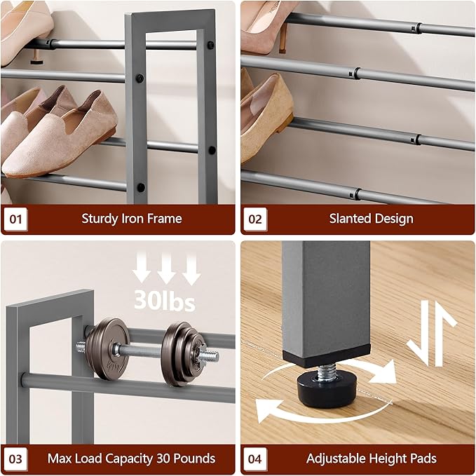 FAVOOSTY 2-Tier Expandable Shoe Rack, Adjustable Shoe Shelf Storage Organizer Space Saving Metal Free Standing Shoe Rack for Entryway Closet Doorway, Silver Grey