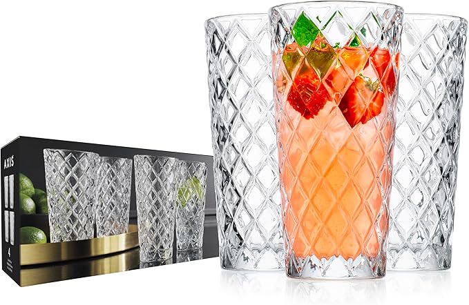Glaver's Drinking Glasses Set of 4. Tall Highball Glasses. 14oz. Textured Diamond Cut Elegant Drinking Glass Cups - Kitchen Glassware for Water, Iced Tea, Juice, Cocktail.