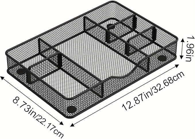 Desk Drawer Organizer Tray, Metal Mesh Drawer Organizers Office, 6 Adjustable Compartment, Desk Organizer Tray for Home Office 12.87L x 8.73D x 1.96H inch, Black, 1PC Medium