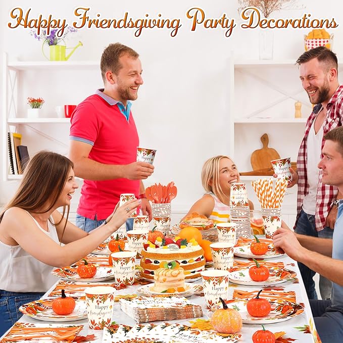 452 Pcs Happy Friendsgiving Party Decorations for 50, Fall Friendsgiving Paper Plates Napkins Cups Tablecloth Cutlery Straws for Autumn Harvest, Give Thanks Friends Giving Party Supplies