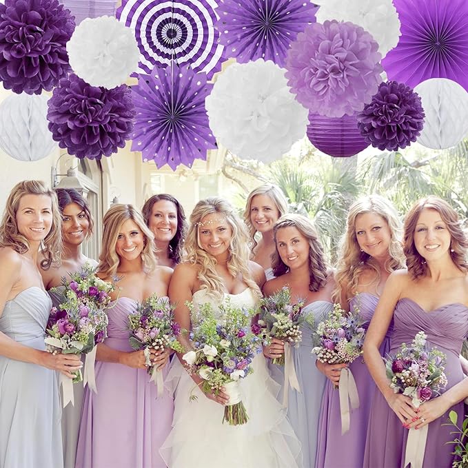 Lavender-Purple White Graduation Party Decorations - 20pcs Paper Lanterns Fans,Tissue Pom Poms,Honeycomb Balls,Birthday Wedding Bridal Baby Shower Engagement Bachelorette Decor Burgleda