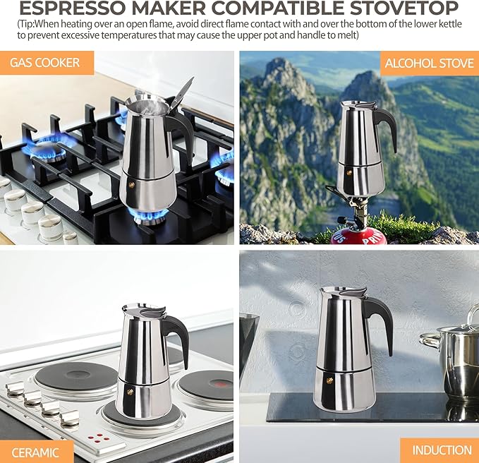 2 Cup 100ml Moka Pot Stainless Steel Espresso Coffee Maker Stovetop Percolator Coffeemaker Italian Classic Style Brewing Greca Cafe Mocha Machine for Cafeteras Lover Camping Travel and Home Use 3.3oz