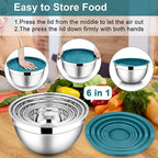 E-far Mixing Bowls with Lids, 12-Piece Stainless Steel Salad Bowls Metal Nesting Bowls for Baking Cooking and Prepping, Airtight Lids & Stackable Design, Size 7, 4.5, 3, 1.5, 1.2, 0.7 QT (Blue)