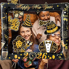 2026 New Year Photo Booth Inflatable Frame Kit, 30Pcs New Years Photo Booth Props with Inflatable Picture Frame Black Gold Decorations for New Year Eve Party Selfie Props Supplies